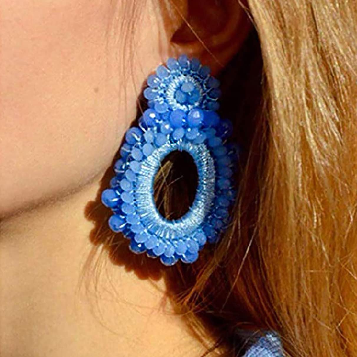 Orecchini Pendenti Grandi In Resina Fatti A Mano - Gioielli Etnici Stile Coreano Per Donna, Blu/Bianco/Champagne, Ipoallergenici