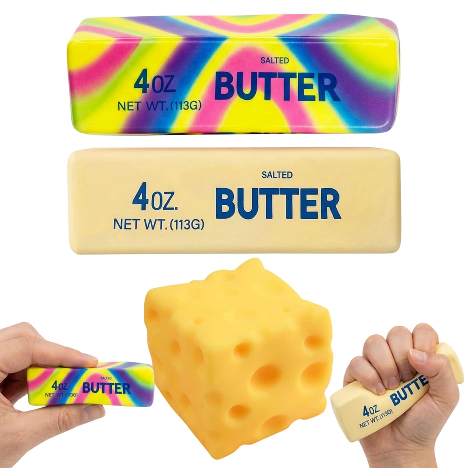 JaiZvt Butter Squishy, 3 Pcs Toys for Stress Relief, Slow Rising Squishies for Desk and Travel Anxiety Management, Set of with Camouflage Butter and Yellow Cheese Designs