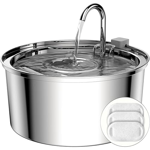 Tomxcute Cat Water Fountain, 3.2L/108oz Automatic Stainless Steel Pet Fountain Dog Water Dispenser, Ultra-Quiet Pump and 3 Replacement Filters & for Cats, Dogs, Multiple Pets