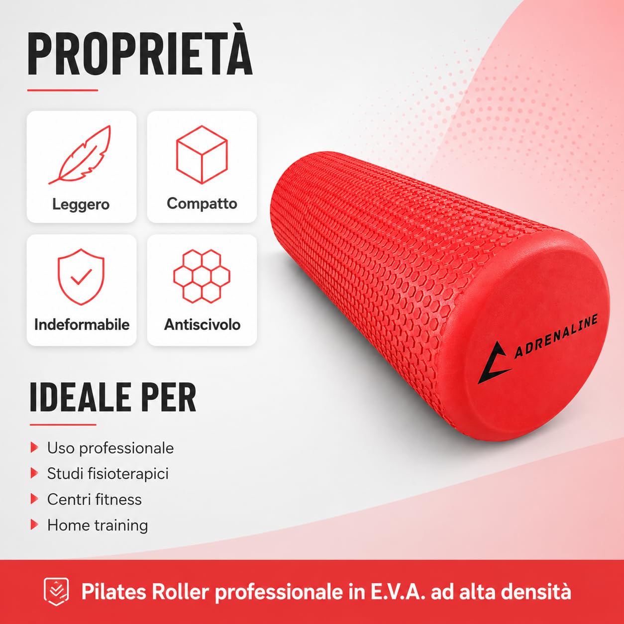 Pilates Roller Professionale Adrenaline 60×16 cm – Foam Roller in EVA ad Alta Densità con Superficie Antiscivolo a Nido d’Ape per Pilates, Stretching, Postura e Massaggio Miofasciale