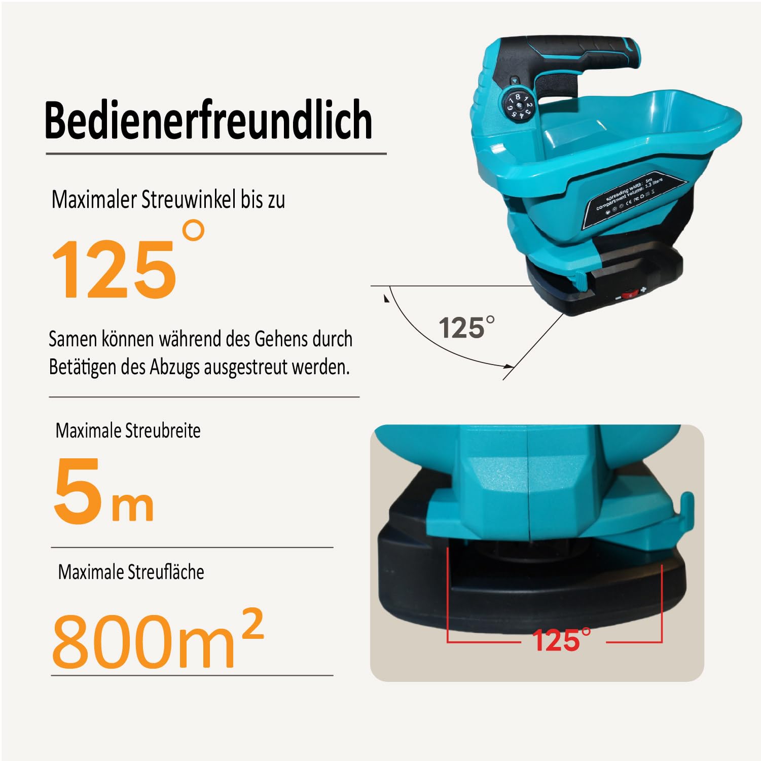 Kurflo Kabelloser Saatgutverteiler, Akku Streugerät, Elektrischer Streuer 3.3L, 8-stufig einstellbar, für Saatgut, Dünger, Streusalz, Sand, kompatibel mit Makita 18V Akkus, ohne Akku & Ladegerät