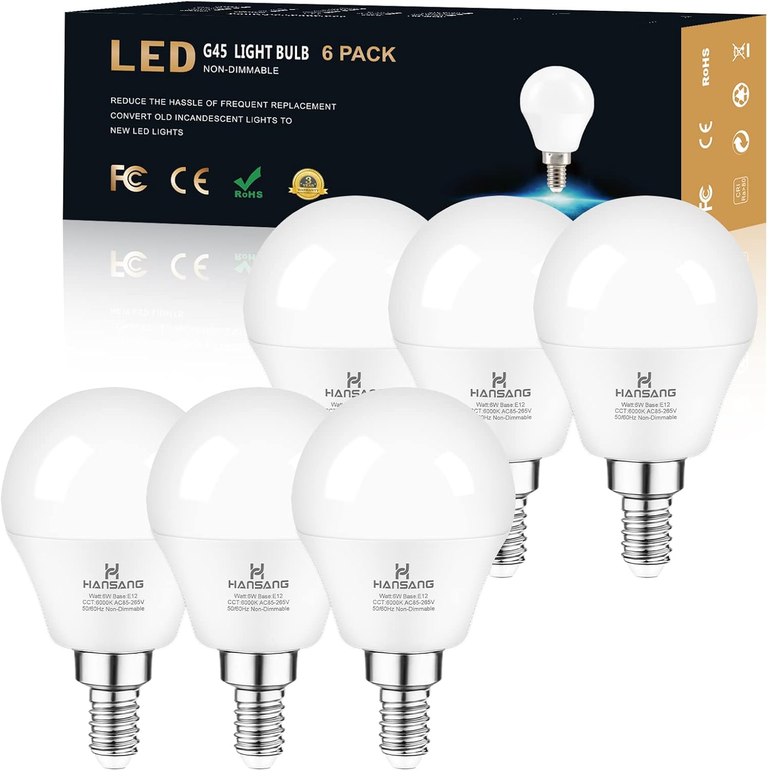 hansang E12 LED Ceiling Fan Light Bulbs 6000K Cool Daylight, 6W 60Watt Equivalent, A15 Small Candelabra Base Chandelier Bulbs, 600LM, Non-dimmable, 6 Pack