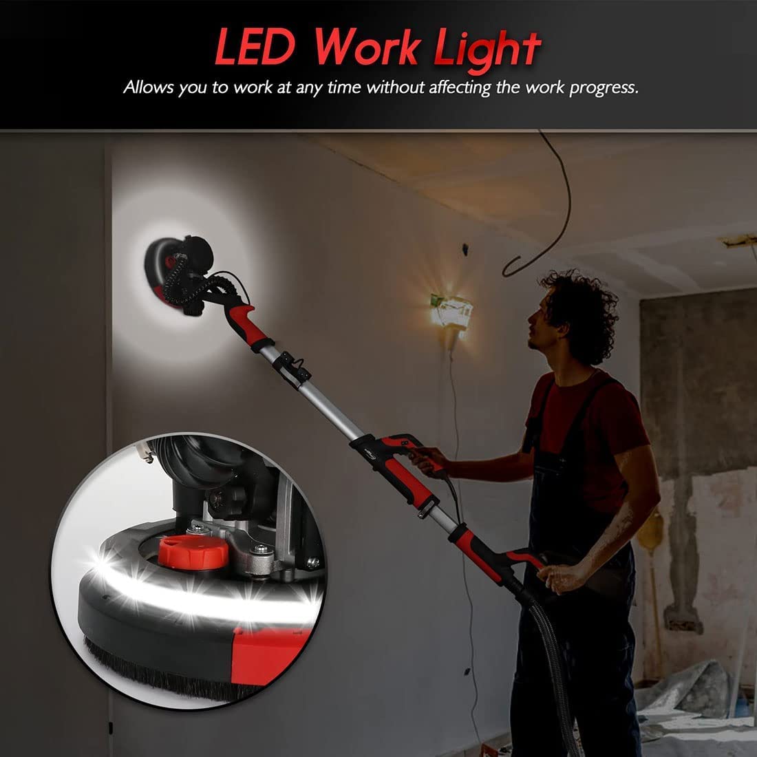 Lijadora de paneles de yeso, lijadora de pared eléctrica de 1250 W con accesorio de aspiradora, lijadora de pared con 50 discos de lijado, velocidad variable, mango extensible, luz LED para lijado de