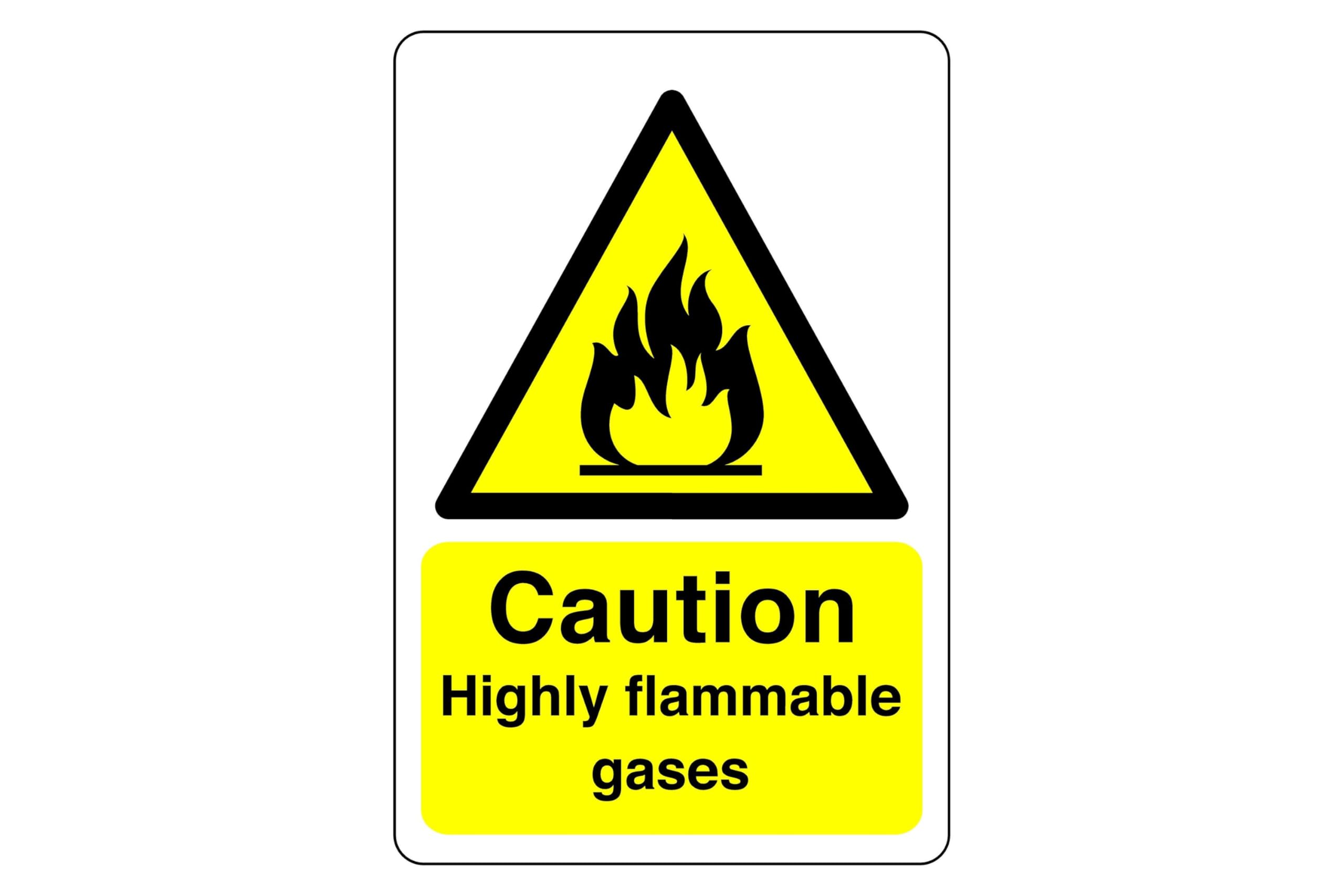 Safety First Display Ltd Yellow/Black Caution Highly Flammable Gasses Sign - High Tack Self-Adhesive Sticker (300Mm X 200Mm) Viewing Distance Within 7M.