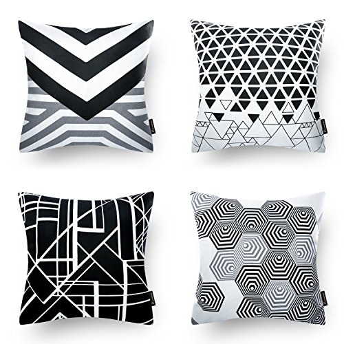 Phantoscope Set of 4 Black Geometric 100% Cotton Throw Pillow Case Cushion Cover 18 x 18 inches 45 x 4cm