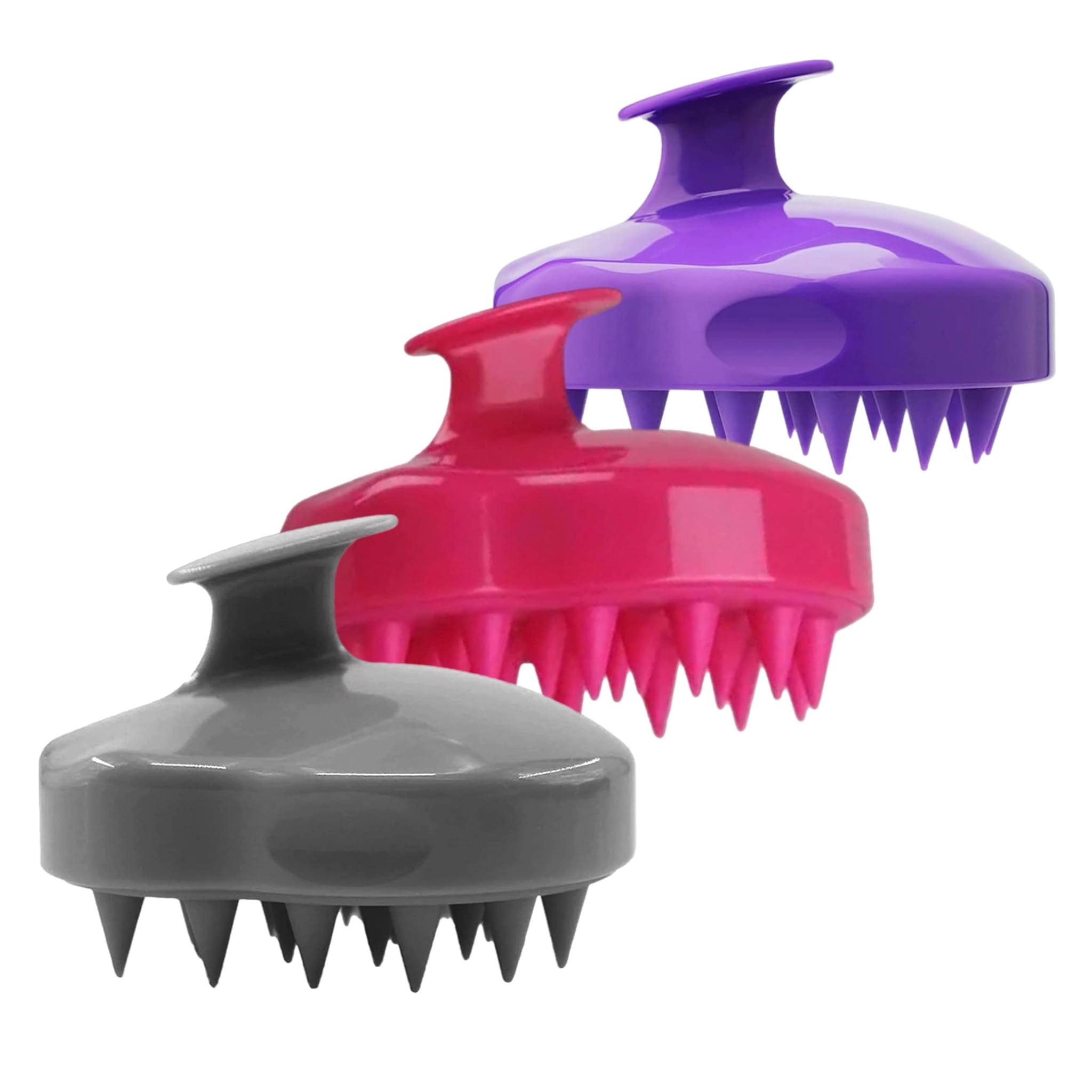 3 Hair Scalp Shampoo Brush Scrubber Dandruff Care Relaxing Soft Flexible Silicone Bristles Wet Dry Curly Straight Short Long Hair Growth Travel Gym Shower Men Women (Gray, Pink & Purple)