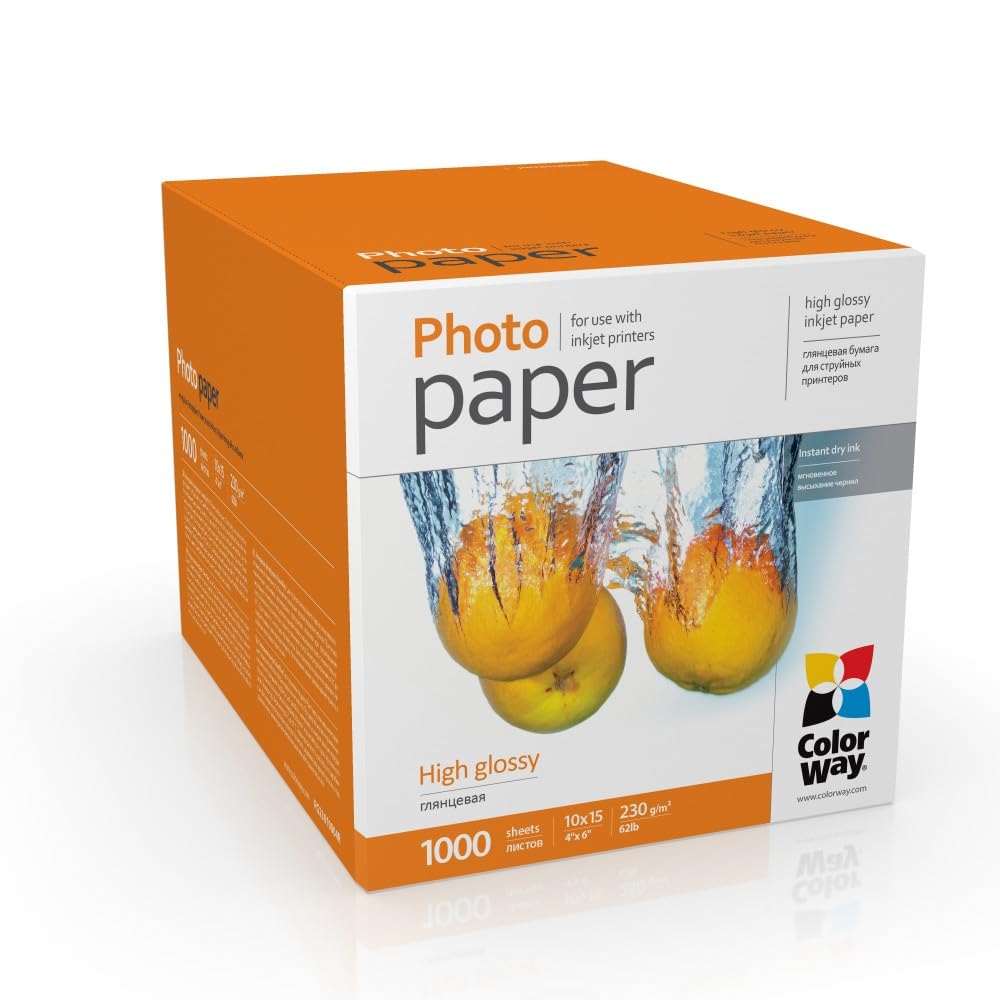 ColorWay Carta fotografica di alta qualità, lucida, 10 x 15 cm, 230 g/m², 1000 fogli ad asciugatura rapida, impermeabile, per tutte le stampanti a getto d'inchiostro