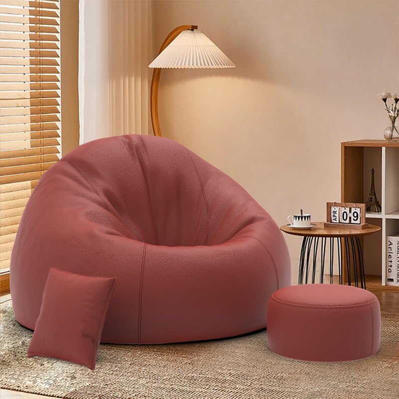 BiggieBean Faux Leather Bag with Beans Filled XXXL Bean Bag Biggie Originals - Bean Bag with Cushion and Footrest - Official : Beanelysium Range - ComfortPro - (Matching Cushion Round : Tan)