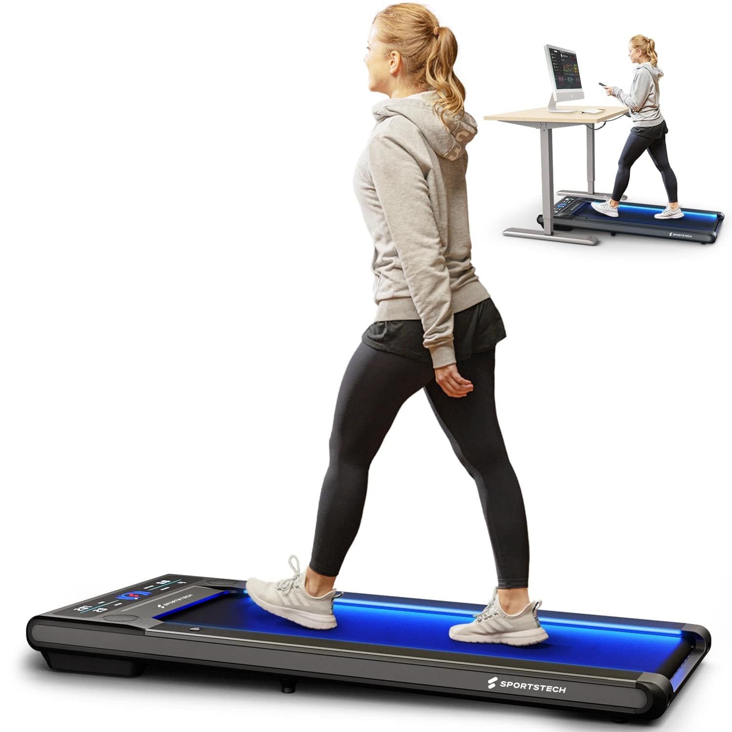 SPORTSTECH - Tapis De Course Swalk - pour Maison Ou Bureau - Fonction LED - Écran LCD - Jusqu'À 6km/​h - Silencieux - Haut-​Parleur Bluetooth - 127 x 56,​5 x 11,​5 cm