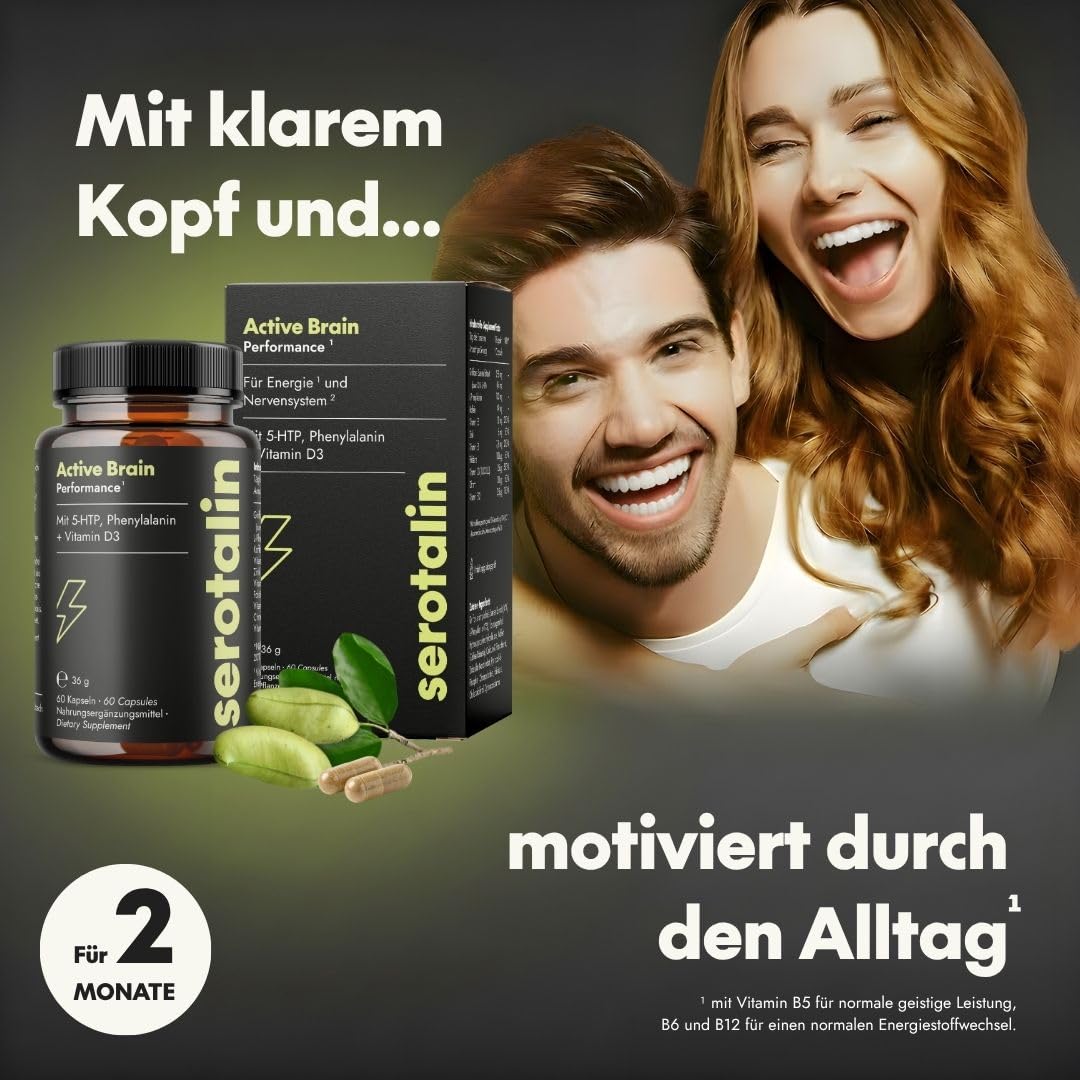 serotalin® Active Brain Performance (ehem. Happy Energy) - 5-HTP - L-Phenylalanin - Serotonin & Dopamin Vorstufe - Energie Komplex - Hochdosiert - Vegan & Made in Germany - 60 Kapseln (2 Monate)