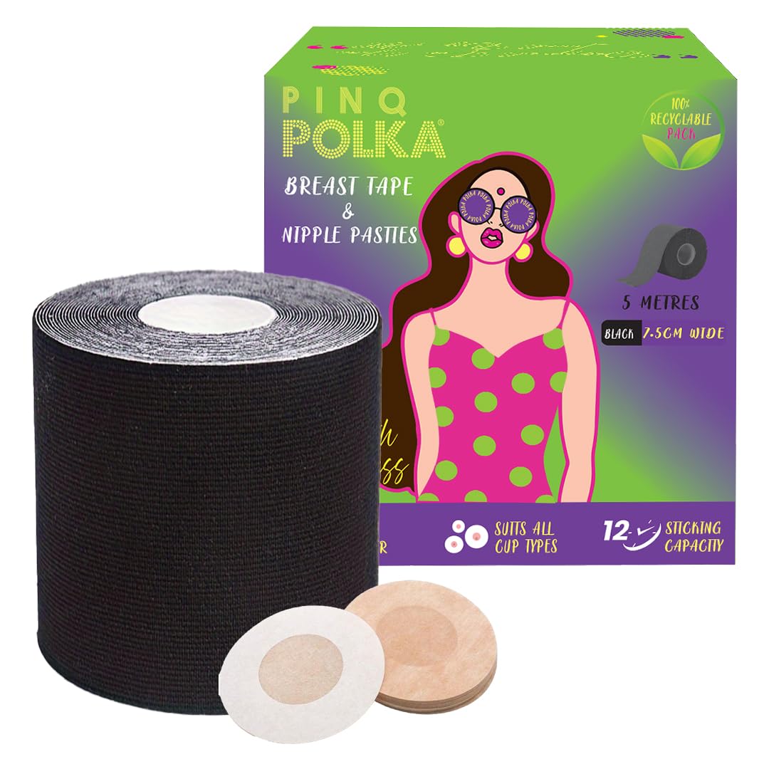 PINQ POLKA Boob Tape for Women for Breast Lift | Invisible Body Tape | boobtape Skin- Friendly Adhesive |Up to 12 Hrs Sticking Capacity | Reusable Cloth Bag| 7cm Wide & 5m Long