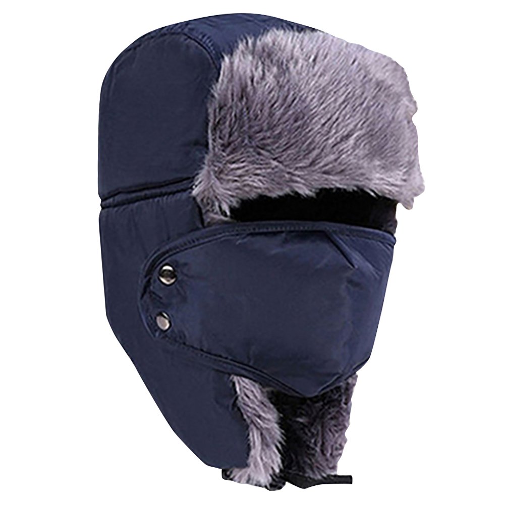 Bluelans Men's Navy Blue Bluelans® Quality Unisex Winter Warm Outdoor Faux Fur Trapper Hat Ear Flap Bomber Hat With Mask, Available In 12 Colours (Navy Blue)