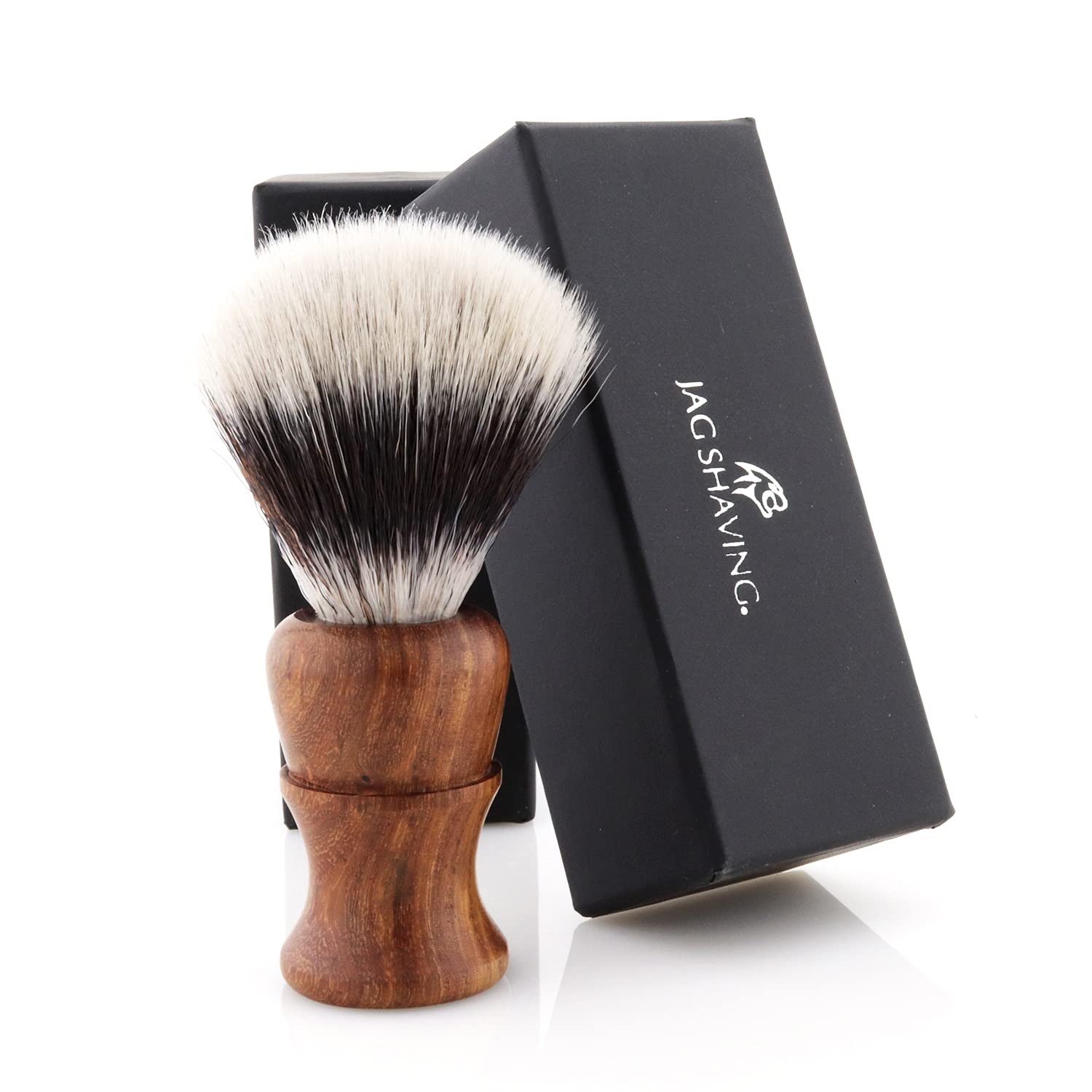Jag Shaving zestaw do golenia – zrównoważony, 4-częściowy zestaw do golenia z drewna – syntetyczny pędzel do golenia ze srebrnymi końcówkami – podwójna krawędź ostrza do golenia – stojak do golenia – skórzana torba na maszynki do golenia
