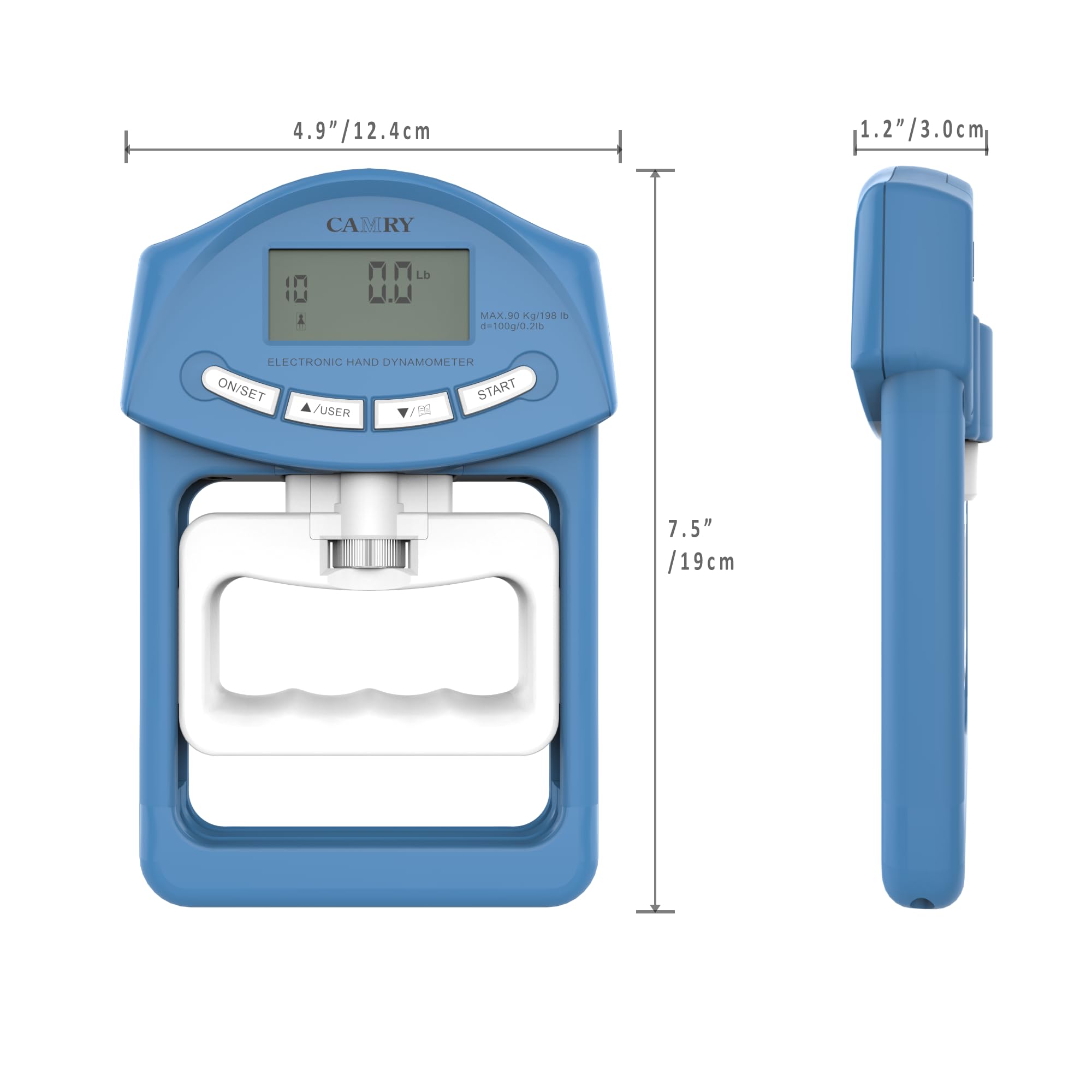 CAMRY Dinamometro Digitale per Mano, Misuratore di Forza di Presa, 198 Libbre / 90 Chilogrammi, Cattura Automatica della Potenza di Presa Elettronica, Blu e Bianco