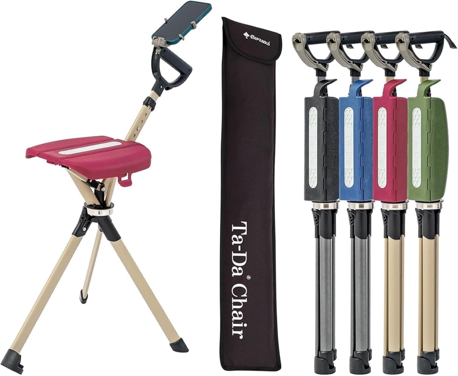 TA-Da Chair Serie 2 PRO - Gehstock mit Sitz, Leichter Aluminiumrahmen & robuster Klapphocker (bis 136 kg), faltbares Design, ideal für Wanderungen und Outdoor-Aktivitäten, höhenverstellbar