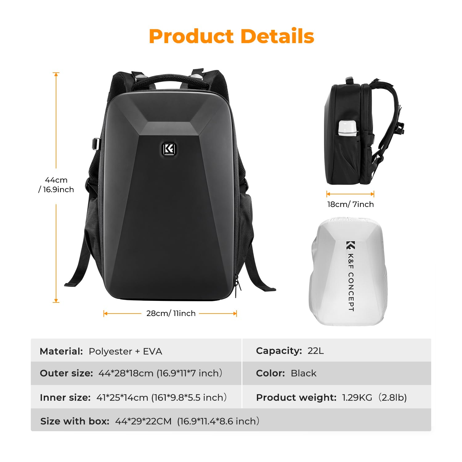 K&F Concept Mochila para cámara Bolsa impermeable a prueba de golpes con compartimento para portátil de 16" Funda rígida para cámara DSLR/SLR/Mirrorless