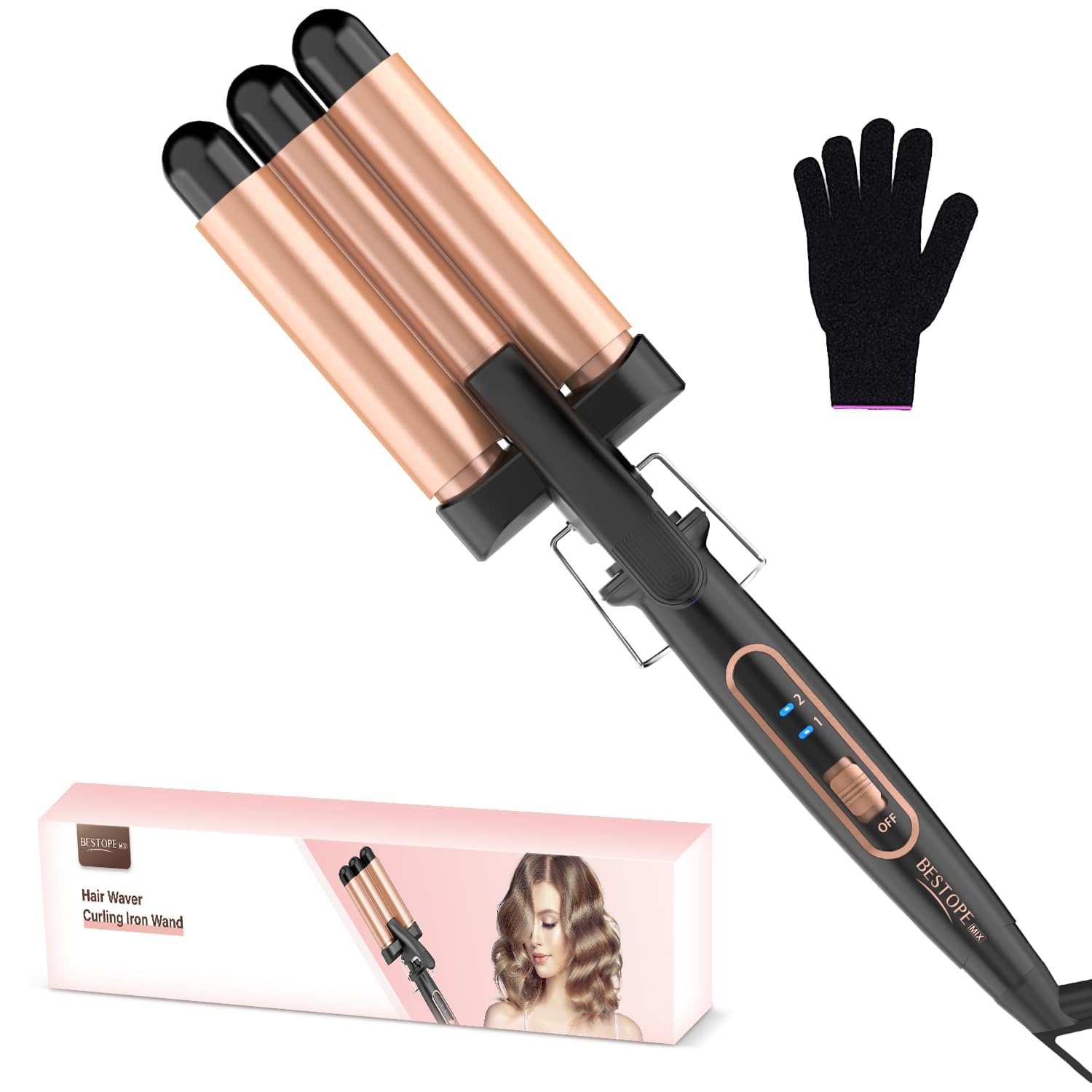 BESTOPE MIX Welleneisen 3 Fässer 22mm Keramik PTC Schnellheizung Beach Waves Lockenstab für kurze & lange Haare
