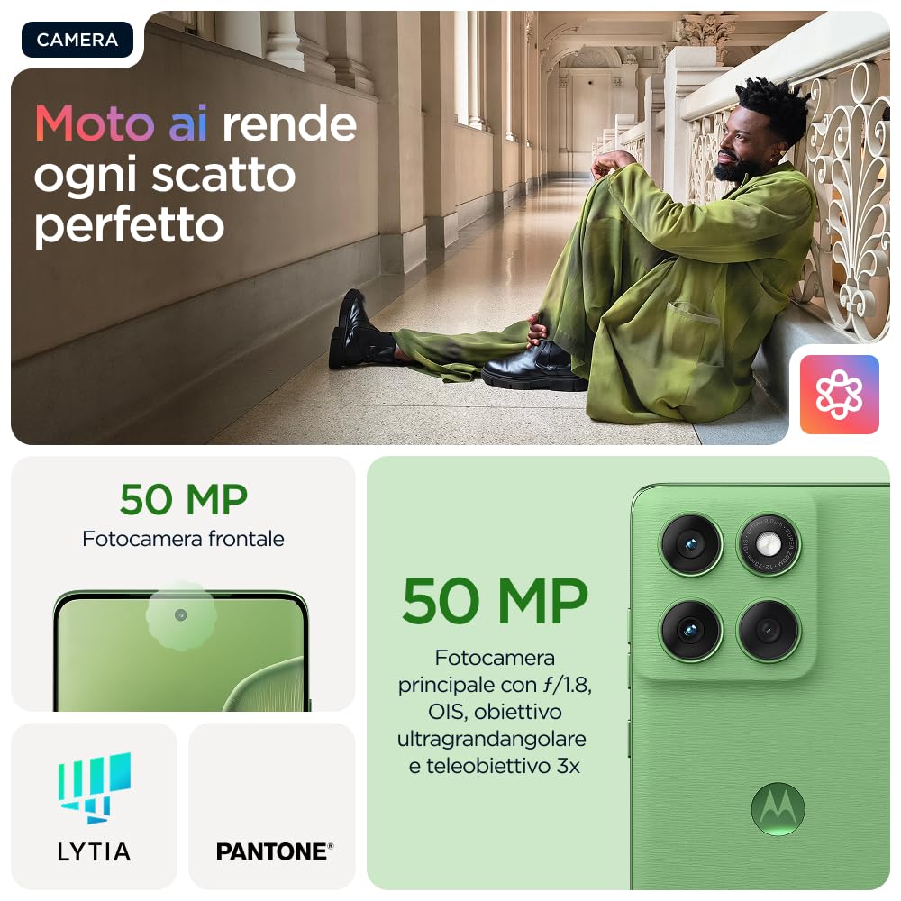 Motorola edge 60 con Moto AI 8/256GB, Fotocamera 50+50+10MP, selfie 50MP, Display 6.67" pOLED 120Hz, MediaTek Dimensity 24M, batteria 5200mAh, ricarica 68W, Android 15, PANTONE Shamrock