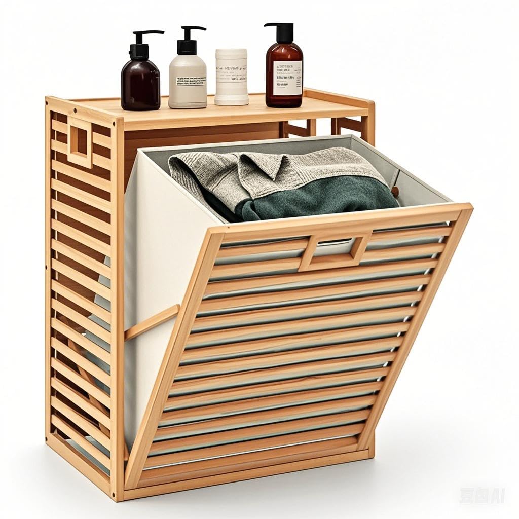 LIFEZEAL Cesto Biancheria Sporca a 1 Scomparto, 68L, Mobile Portabiancheria, Cesto Estraibile in Bambù, con Sacco Rimovibile, Pieghevole, Piano Portaoggetti, Lavanderia, Bagno, Salvaspazio, 50x35x64cm
