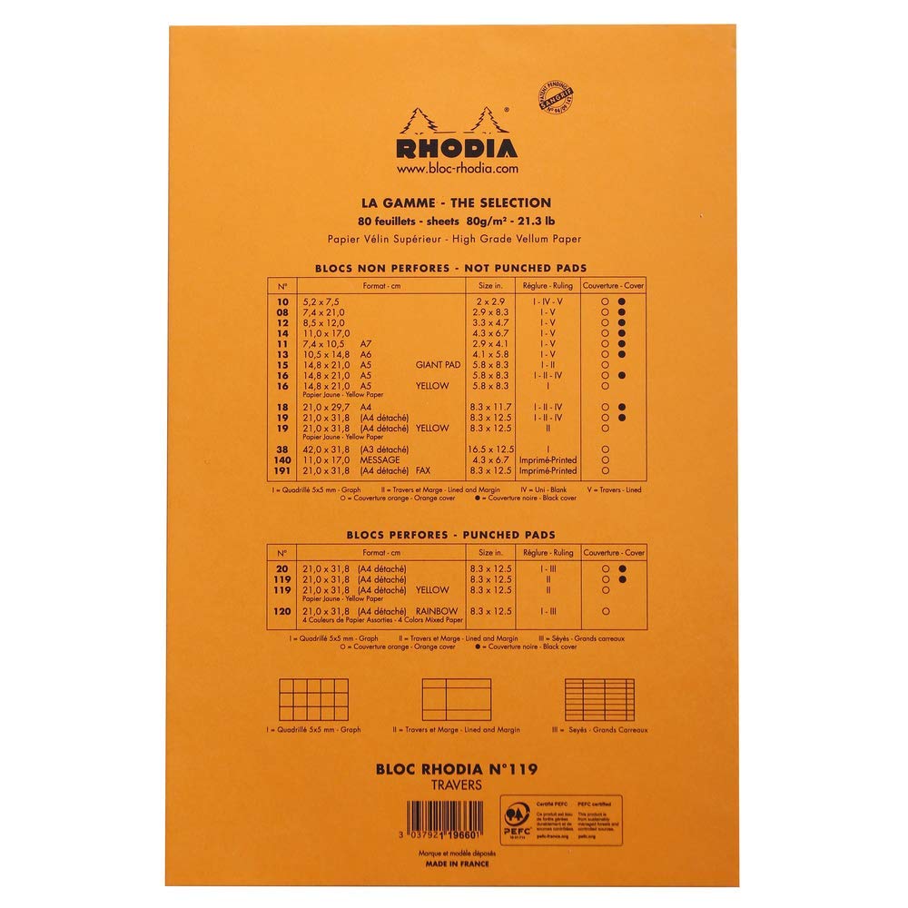Bloc N°119 orange 210x318 A4 80 feuilles 80 g/m² ligné marge perforation 4 trous