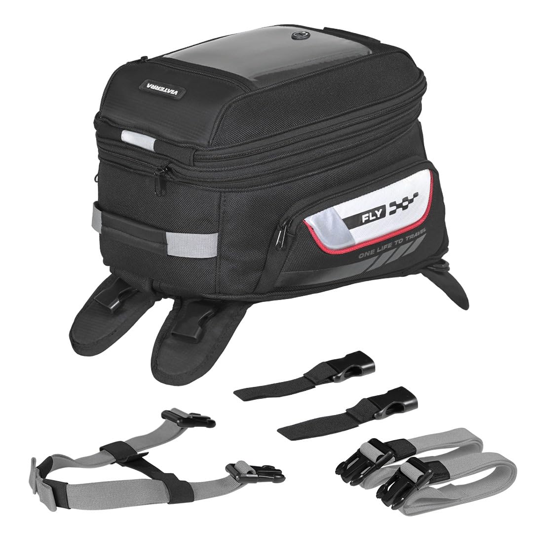 ViaTerra Fly Universal Motorbike Tank Bag (22 litres expanded) with Rain Cover/Dust Cover | Compatible with All Motorcycles (Fiber and Metal Tanks)