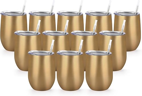 Lifecapido Paquete de 12 vasos de vino de acero inoxidable de 12 onzas, vaso de vino aislado de doble pared, copas de vino sin tallo de acero
