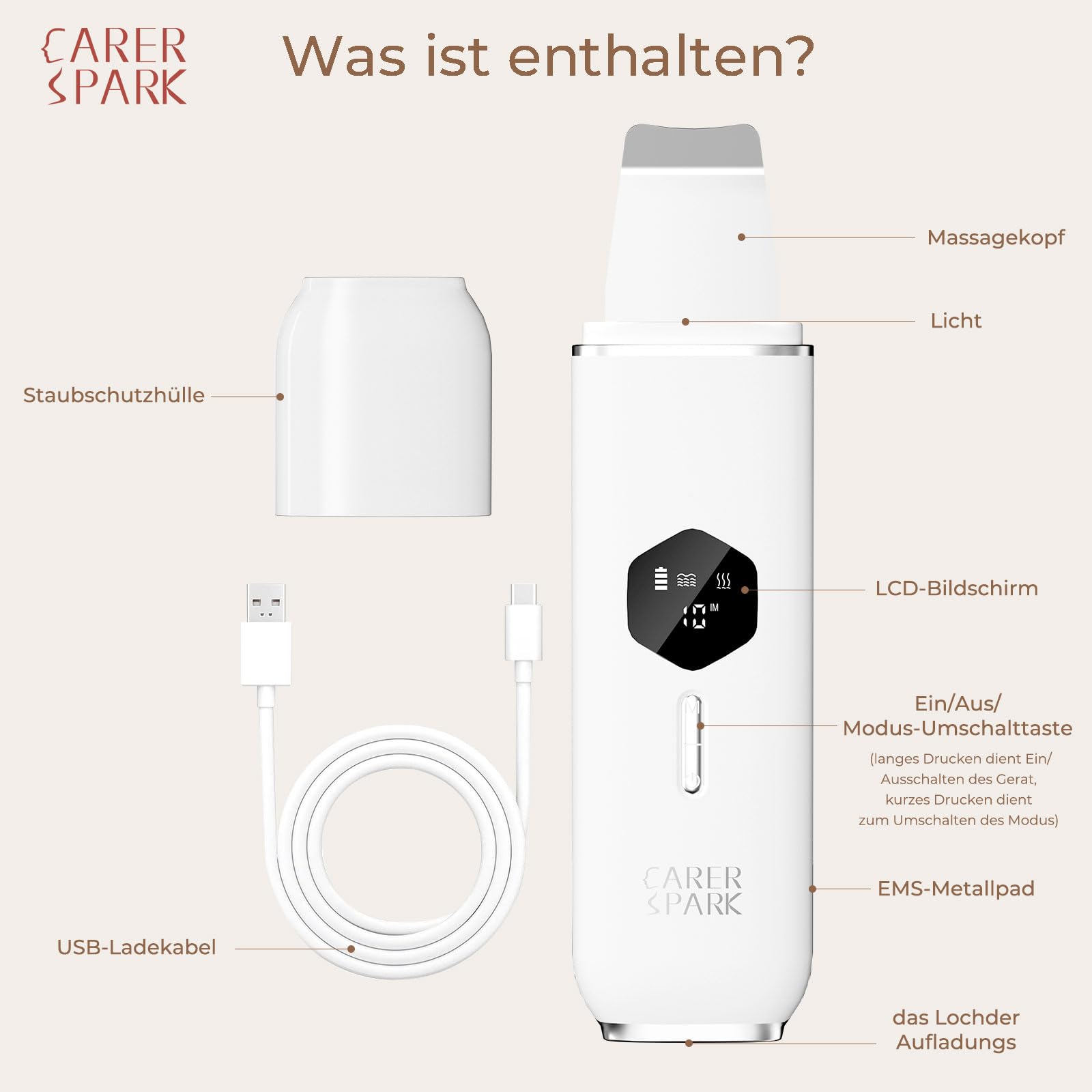 CARER SPARK Skin Scrubber Ultraschall,Ultraschallpeelinggerät für das Gesicht-Mitesser-Entferner mit 4 Modi LED-Anzeige,10-Min-Autoabschaltung für Tiefenreinigung Mitesserentfernung USB-Aufladung