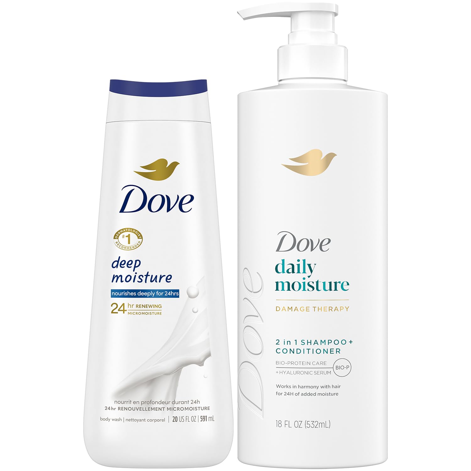 Dove 2-in-1 Shampoo & Conditioner, Daily Moisture Deep Moisture Body Wash – Deep Hydration for Revitalizing Dry Hair and Skin (2 Piece Set)