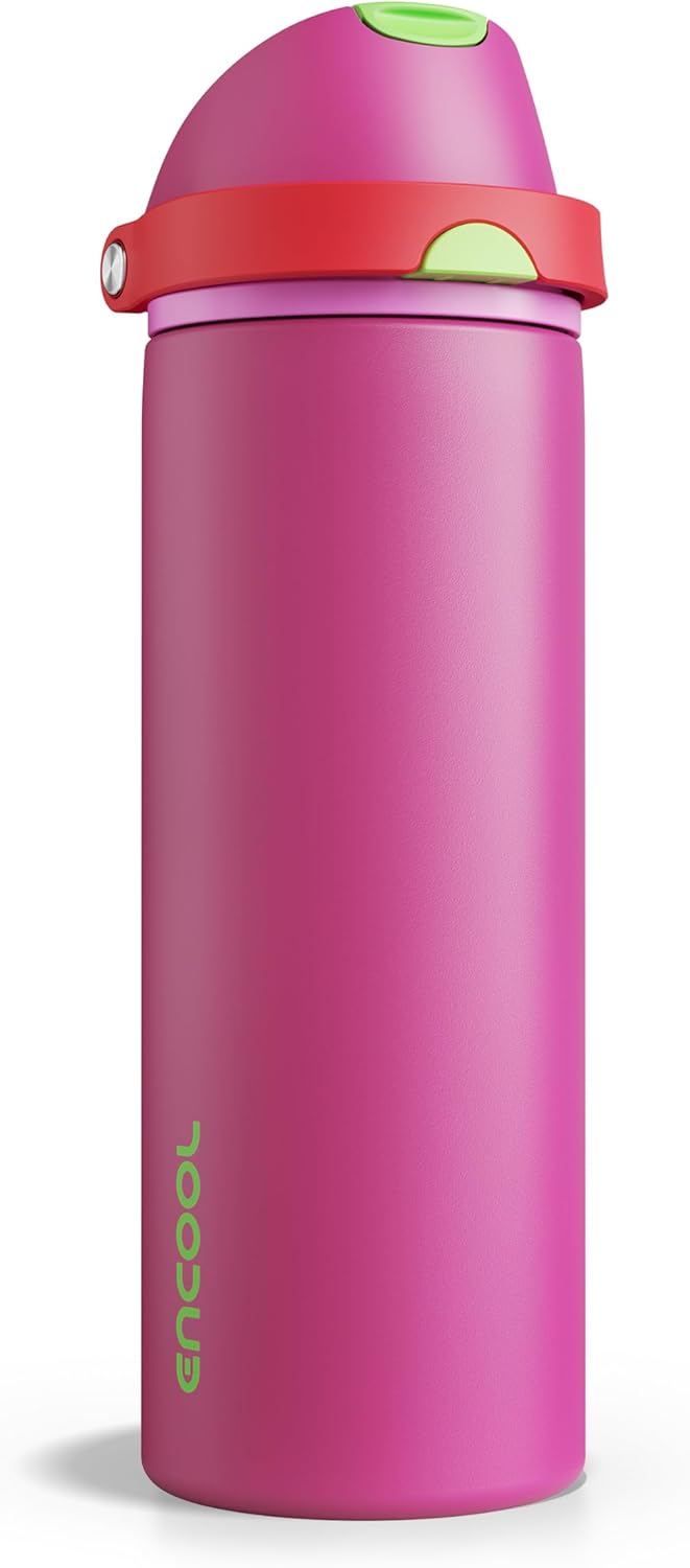 Insulated Water Bottle with Straw - Encool Stainless Steel Water Bottle with Push Button Lid, Leak-Proof & BPA-Free, Keeps Cold for 24 Hours for Sports, Travel, Gym (24 oz, Cerise Pink)