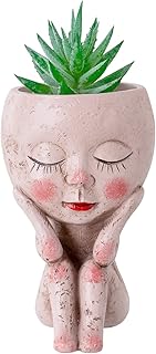 Notakia Lady Face Flower Pot Female Head Design Succulent Planter Pot， Cactus Planter Indoor Outdoor Resin Planter with Drainage Hole，No Plant (3.15" x 3.15"x 4.92" Small Size Pink)