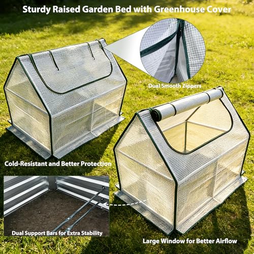 Miory Raised Garden Bed with PE Cover, 4x2.5x1 FT Galvanized Planter Box Outdoor with Mini Greenhouse, 2 Zippered Windows for Vegetables, Flowers, Includes Plant Labels & Gloves - Image 4