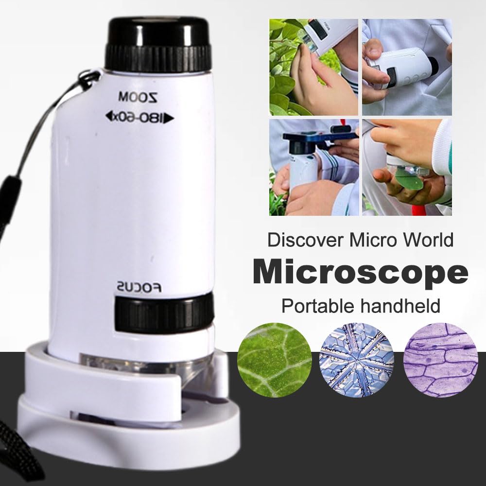 Microscope Enfant Portable avec LED (60-180x), 2026 Pocket Microscope Portable, Petitscope de Poche Enfant Partir de 3 Ans, Microscope, Etudiants, Adultes, Cours de Biologie Scolaire (Blanc)