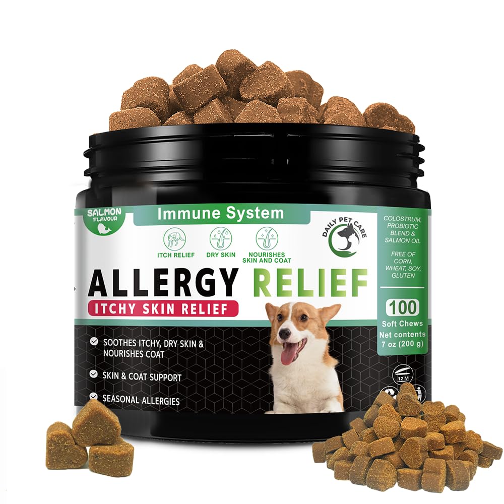Dog Allergy & Itchy Skin Chews, Omega-3, Probiotics & Colostrum, Natural Hot Spot, Coat Support for Small Medium & Large Dogs