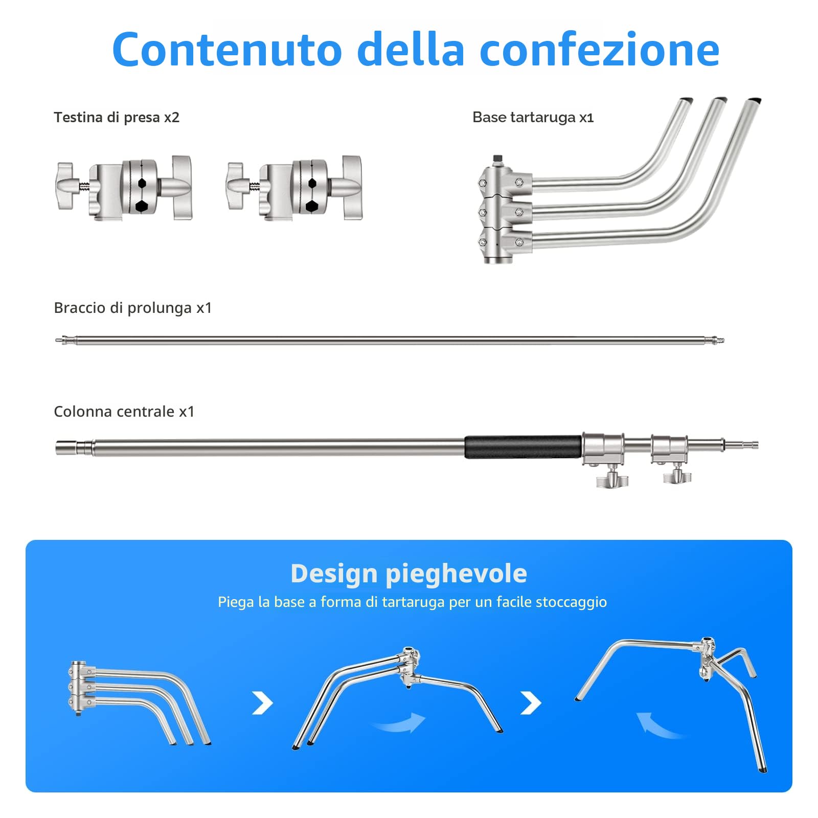 NEEWER Pro 100% Acciaio Inossidabile Heavy Duty C Stand con Braccio Braccio, Altezza Massima 10.5ft/320cm Supporto Luce per Fotografia con 4.2ft/128cm Braccio, 2 Grip Head per Studio Monolight