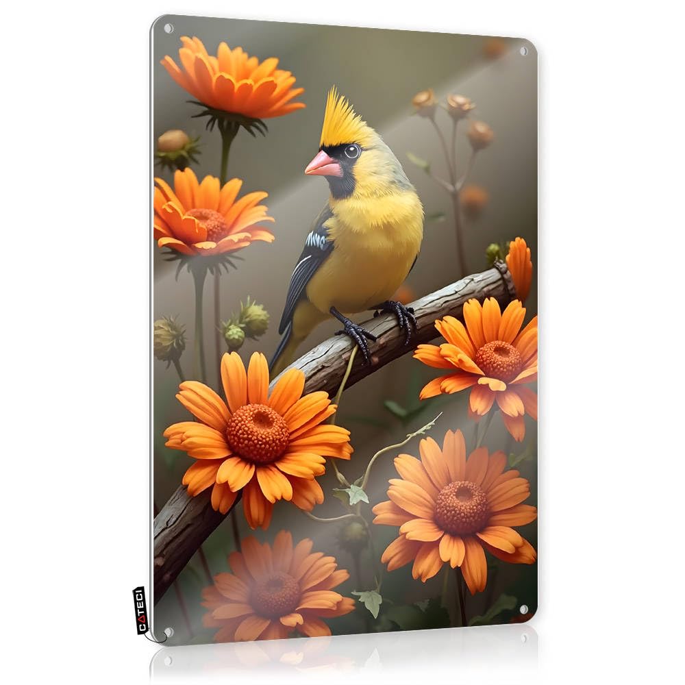 Fzfn Men's Colour Bright Yellow Bird Perched Amidst Vibrant Orange Flowers Old-Fashioned - Wall Signs Accessories Hanging Wall Decor(20X30cm)
