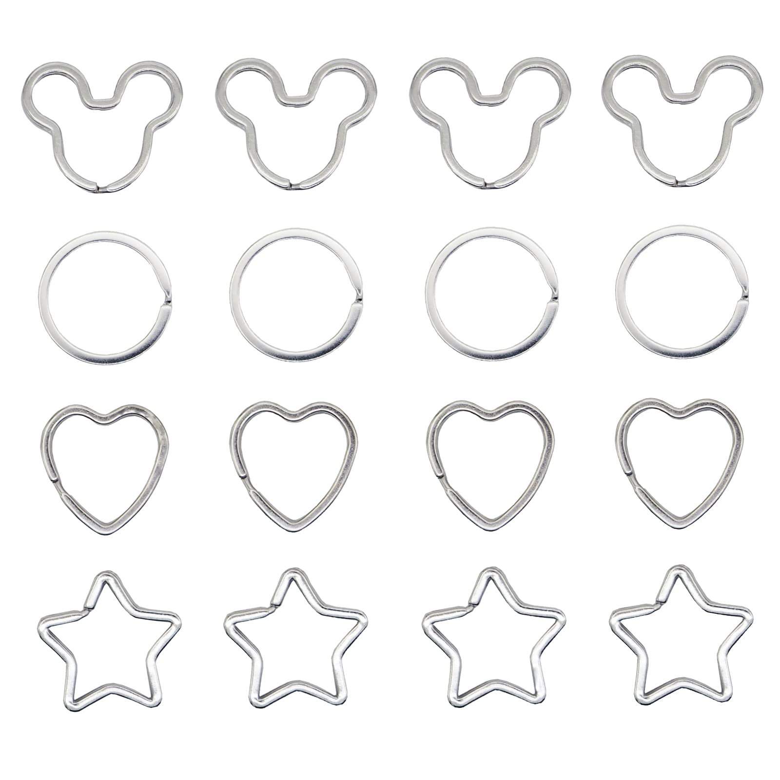 Leen4YouKey Ring Metal Split Flat KeyRings Split Rings Keychain Hoop Loop Key Holder Creative Cute Mouse Head+Star+Heart+Round Shape Keychain Pack of 20, Silver