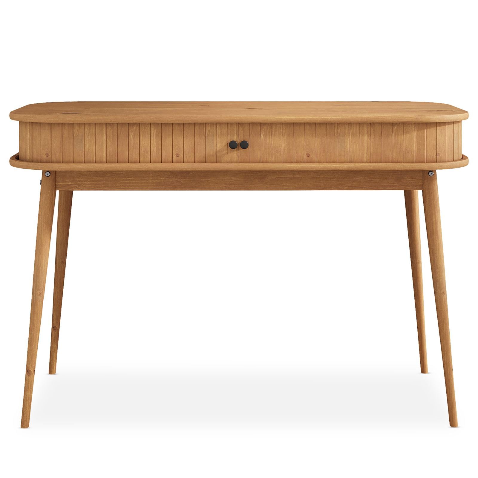IDIMEX Bureau JARI en Bois Massif, 113 x 75 x 50 cm, Pieds Coniques, façade cannelée, Rangement Pratique avec Porte coullisante, Coloris chêne