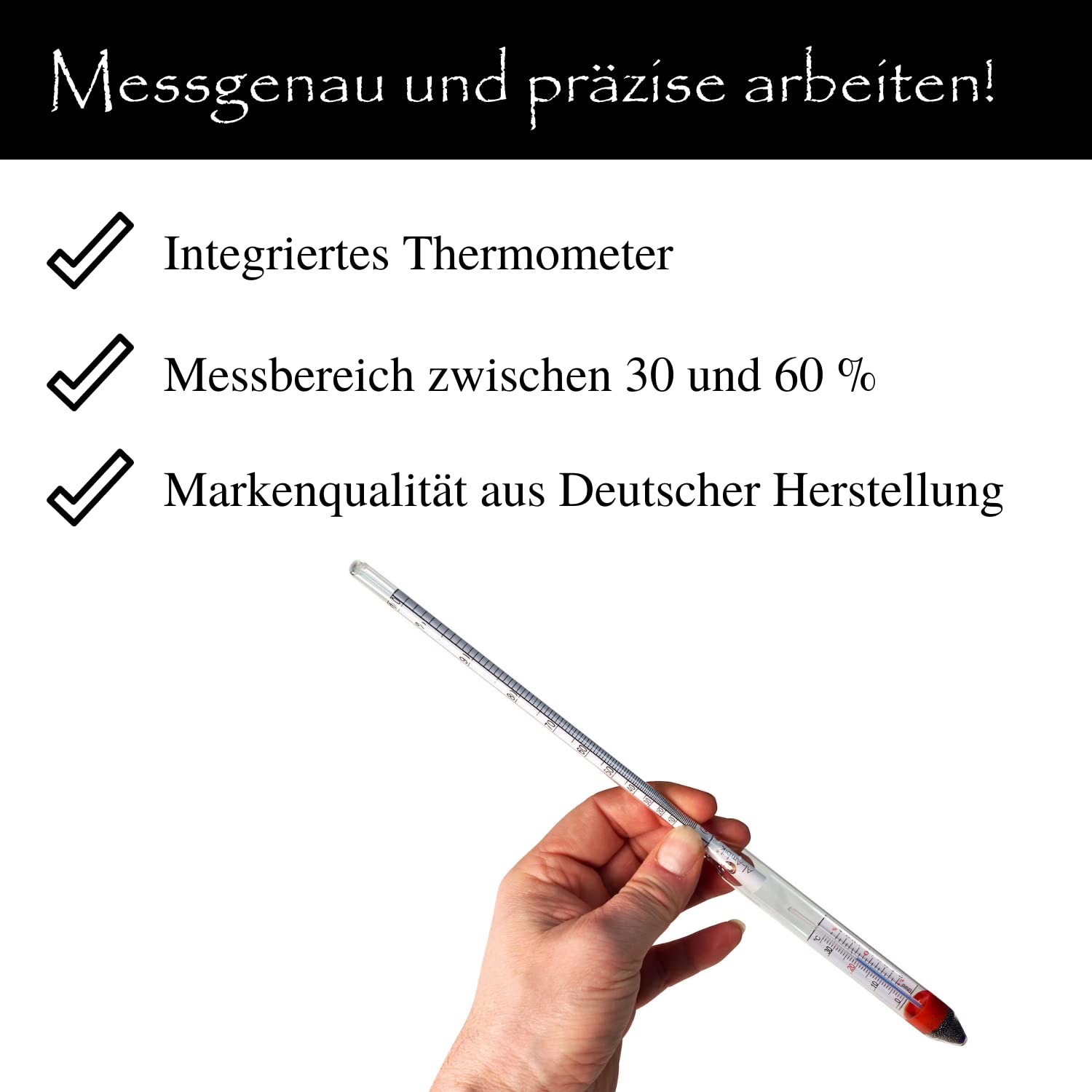 AL-AMBIK® Alkoholmeter mit integriertem Thermometer und Ausgleichsskala Messbereich 30-60 Vol% I Alkoholmessgerät Markenqualität für exakte Messungen I Lieferung inkl. Gebrauchsanleitung