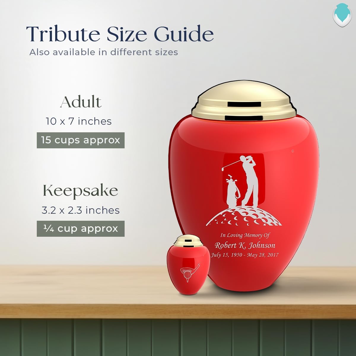 Geturns Tribute Adult Personalized Golf Cremation Urns for Human Ashes I Large Red & Shiny Brass Funeral Urn for Men and Women I 220 lbs