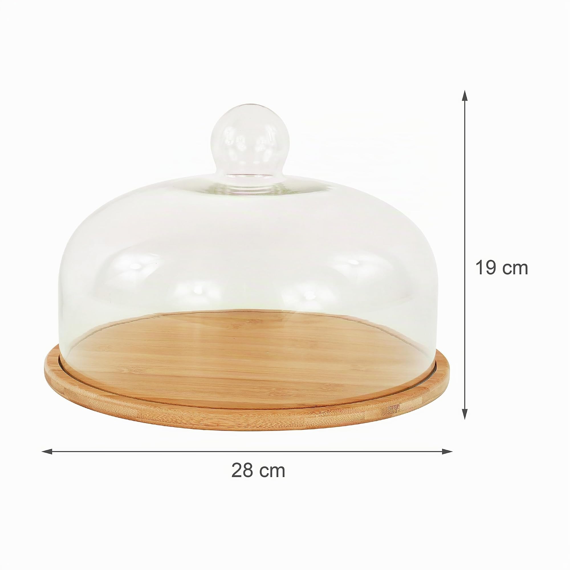 Relaxdays Plat à gâteaux, Couvercle en Verre, Conserve la fraîcheur, HxD : 16x28 cm, Cloche à Fromage en Bambou, Naturel