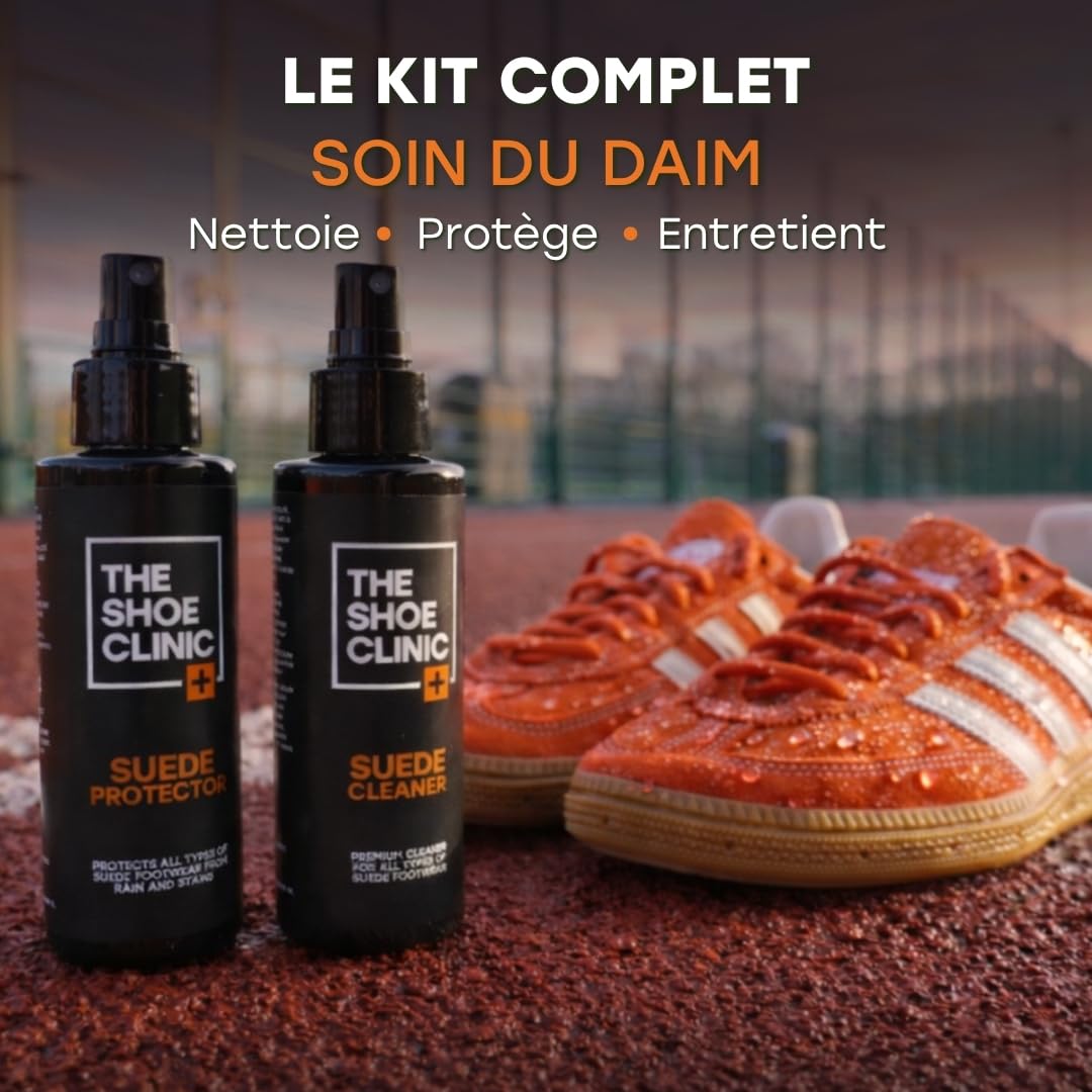 Kit Nettoyage et Entretien Chaussures en Daim & Nubuck Shoe Clinic | Nettoyant Daim Chaussure + Imperméabilisant + Brosse | Nettoie, Protège & Imperméabilise Chaussures, Baskets & Bottes