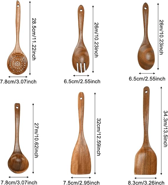 Wooden Spoon Cooking Utensils 6-Piece Kitchen Utensil Set - Large Cooking Spoon Made of Natural Teak Wood - Heat-Resistant Non-Stick Coating Comfortable Handle Includes Soup Ladle