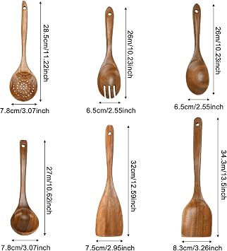 Wooden Spoon Cooking Utensils 6-Piece Kitchen Utensil Set - Large Cooking Spoon Made of Natural Teak Wood - Heat-Resistant Non-Stick Coating Comfortable Handle Includes Soup Ladle