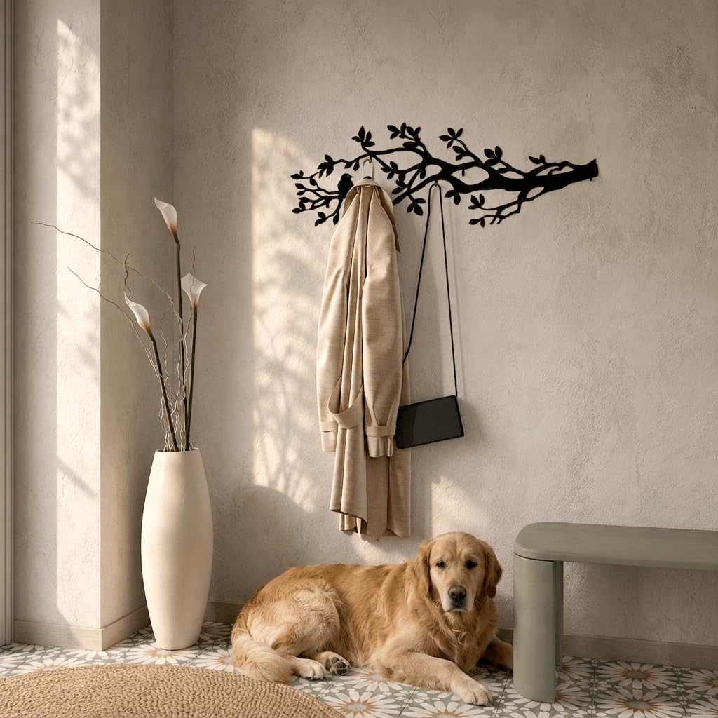 Appendiabiti da parete metallo nero 105 x 40 cm con design a ramo e uccelli — 6 ganci, acciaio verniciato a polvere portata 25 kg, ideale per ingresso, camera e ufficio, attaccapanni da muro