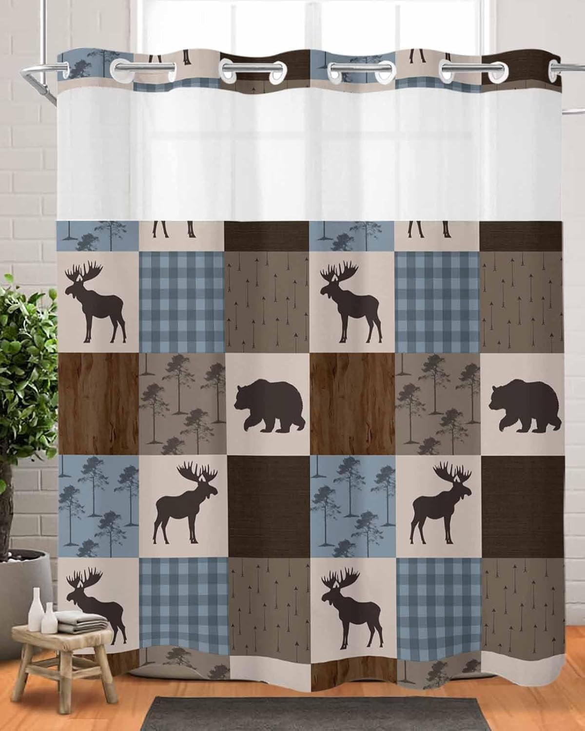 Chucoco No Hook Shower Curtain with Snap in Liner, Retro Deer Bear Plaid Check Waterproof Washable Bathroom Shower Curtains See Through Top Window, Abstract Patchwork Pattern Hotel Grade Bath Curtain