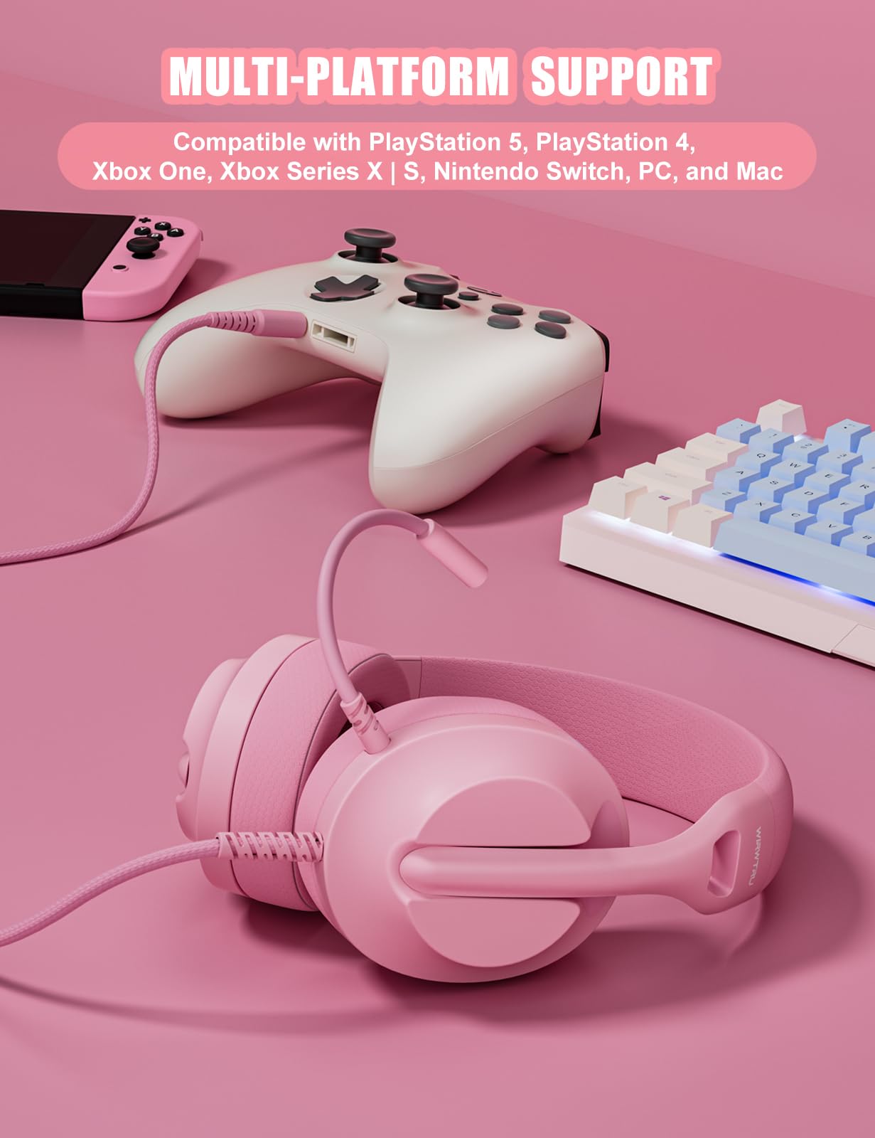 WIRWTRU S30 Zestaw słuchawkowy do gier z mikrofonem, lekka konstrukcja 198 g, przewodowe słuchawki do gier do Xbox, Xbox Series X|S, PS5, PS4, Switch, PC, mikrofon z redukcją szumów, miękkie nauszniki