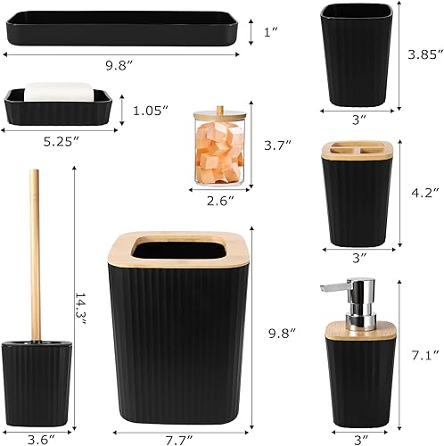 Miniatura 6 de Juego de 9 accesorios de baño negro, basurero, bandeja, dispensador de jabón, portacepillos, vaso, jabonera, cepillo para inodoro y portahisopos,