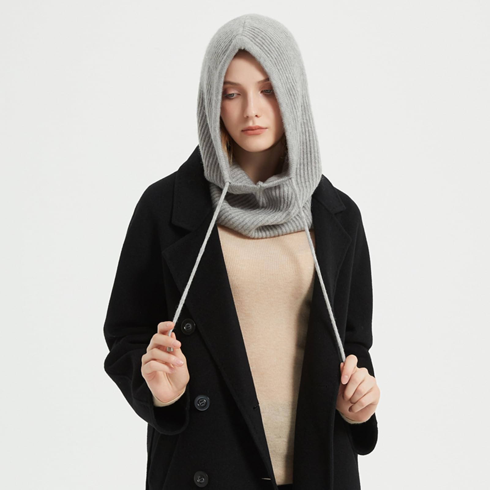 HEYANN Cagoule d'hiver à capuche pour femme et homme - Chaud - Unisexe - Pull tricoté avec cordon de serrage - Masque de sport en plein air