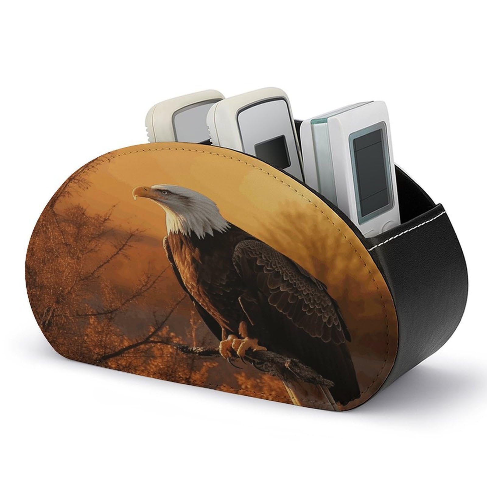 VstaDank Golden Sunset Bald Eagle Remote Control Holder with 5 Compartments Pu Leather TV Remote Caddy Storage Box Desktop Organizer Store Controller DVD Brush Pens Glasses&Office Supplies
