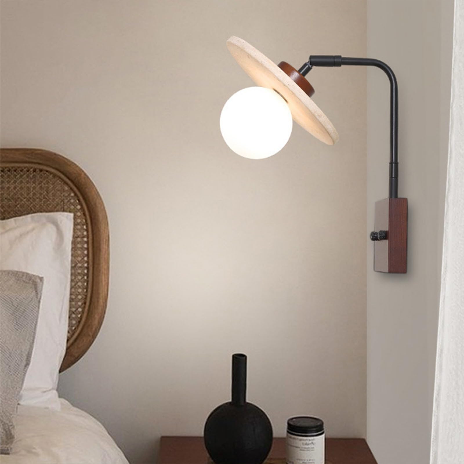 Aplique de pared con decoración artística de travertino amarillo, lámpara de pared de mármol con pantalla de cristal globo y base de madera, lámpara de pared de piedra natural(Walnut)